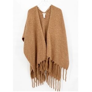 Free People Madison Lavish Knit Fringe Blanket Scarf Poncho Tan OS